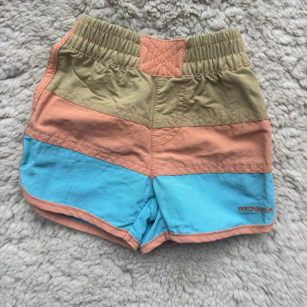 Patagonia Kids Swim Trunks in Tan, Peach & Aqua